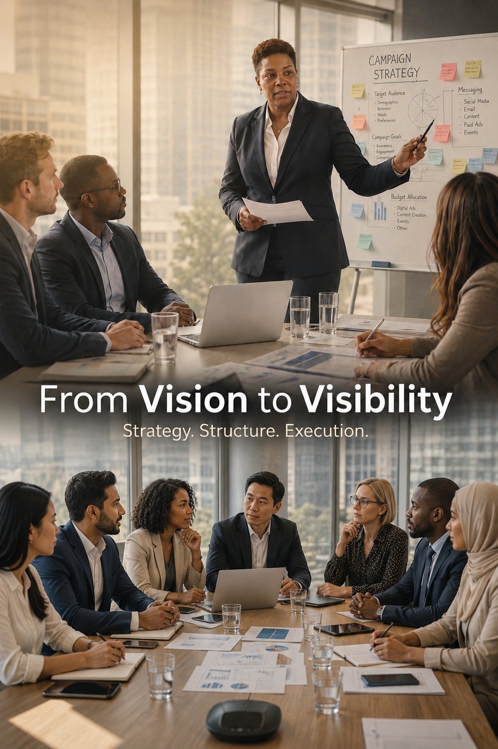 The Monetize Your Hobbies team leading a campaign strategy session with executives — From Vision to Visibility: Strategy, Structure, Execution