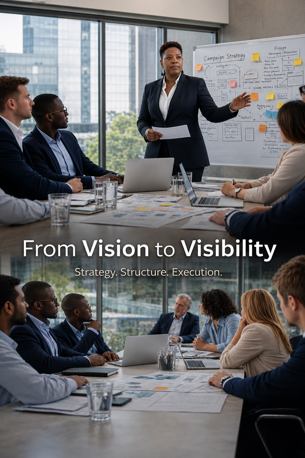 Wanda L Mitchell leading a campaign strategy session with executives — From Vision to Visibility: Strategy, Structure, Execution